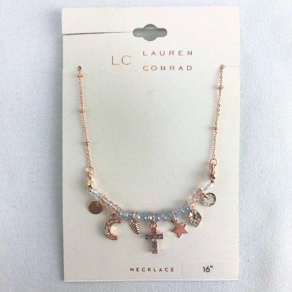 LC Lauren Conrad Copper-Tone Necklace 16" Cross Moon Star Rhinestones